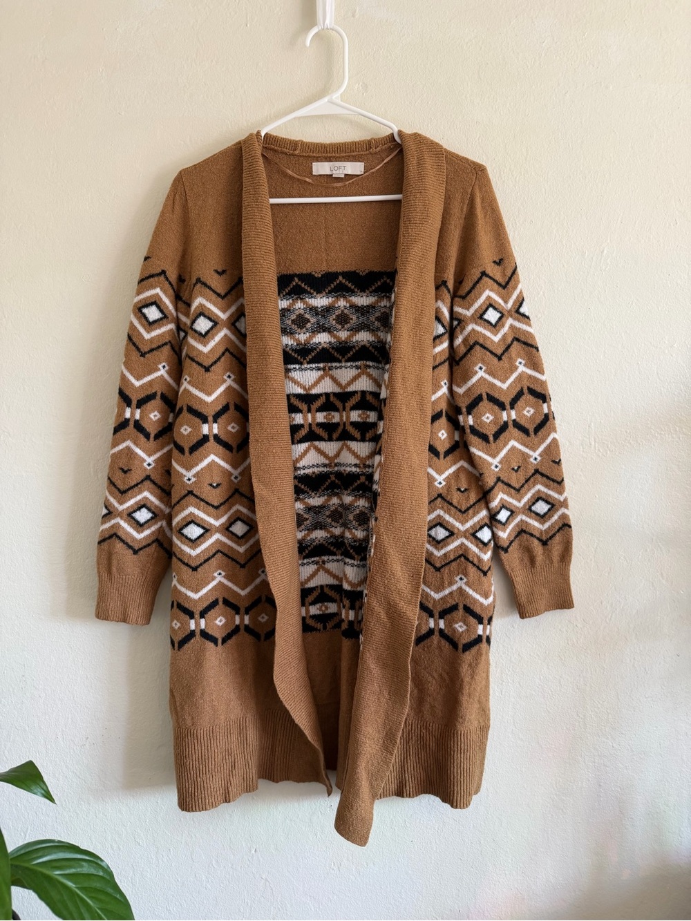 Loft Camel Brown Geometric Pattern Open Front Cardigan M